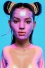 Placeholder: Ultra Realistic image, Rosalía artist, portrait, normal complexion, portrait, two bows with chopsticks hair , black eye long line, sweet face, t-shirt with holes, inflatable open coat, gold pink and blue style, spray glow make up, big geometric led jewelry, fog, hot, inflatable style latex coat, vibrant color, highly detailed, art stations, concept art, smooth, unreal engine 5, god rays, ray tracing, RTX, lumen lighting, ultra detail, volumetric lighting, 3d, finely drawn, high definitio