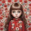 Placeholder: Little girl in red, long hair, in the style of Margaret Keane, huge eyes, flowered wallpaper