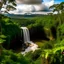 Placeholder: Paisaje con un salto de agua, en medio de la selva paranaense, con donde se ven árboles florecidos, tucanes, y loros