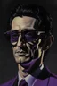 Placeholder: Portrait of a a very tall man with olive skin and black hair with purple shades combed back