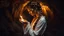 Placeholder: a sad woman with brown braided hair in profile in a scary cave, holding a flame in her palm in a white vintage long-sleeved nightgown, the inside of the cave is illuminated by the flame with yellow light,, close shot, detailed, high realistic, perfect photo, dramatic, dark fantasy