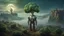 Placeholder: A moon that looks like a happy origin head broccoli funny above a landscape, a robot in a ragged dress looks up in the distance, fog, and intricate background HDR, 8k, epic colors, fantasy surrealism, in the style of High Renaissance