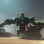 Placeholder: mecha with tracks for a tank. His body is armor and his hands are machine guns. The robot head has glass and the driver is an animal