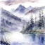 Placeholder: early morning on a secluded forest lake, wooded mountains shrouded in clouds, misty foggy mood, fine art watercolor painting