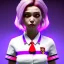 Placeholder: waitress vampire teenager, rounded face, pink hair, color cheeks, striped shirt, color ambient light, vibrant color, highly detailed, art stations, concept art, smooth, 16 bit, unreal engine 5, god rays, ray tracing, RTX, lumen lighting, ultra detail, volumetric lighting, 3d, finely drawn, high definition, high resolution.