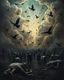 Placeholder: Bosch painting style, nightmare , people suffering in hell , dramatic, great quality picture with cinematic scenes , show only heavy clouds in the background, many dead bodies like stars in the sky , children’s and black birds fill the backgrounds