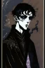 Placeholder: 17 year old boy, necromancer, friendly, looks dead, surrounded by weird smoke with eyes, wearing black robes, in the style of Harry Clarke