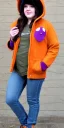 Placeholder: Brunette.thick thighs,thick calves,flat belly,curvy fell. big head. Mantle is sewed of upcycled Denim and sewed together of camouflage pieces. Pieces' color are orange, cream and purple. It is with big bright purple felt tippet and cream-colored-hood. mantle is merged with satchel. . Big AKG-style headphones (gold rings!) is merged with small felt cap with small visor. Style: Haute Couture in 1910's, N.Y.C fashion in 1996, inspired by street art 2023 Paris