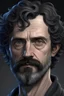 Placeholder: a man in his fourties, short curly black hair with a bit of grey, short curly beard with a bit of grey, blue eyes, big round nose, tricone hat, realistic epic fantasy style