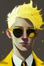 Placeholder: Realistic young man with fluffy yellow hair, big black eyes, yellow freckles, small black earrings, smirk, dark beige kin, yellow tuxedo, yellow star sunglasses on head