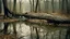 Placeholder: Paint of A fallen tree trunk spans a calm body of water in a forest clearing. The tree is bare of leaves, its branches reaching out over the water. The water reflects the bare trees and the overcast sky. A path winds through the trees on the right side of the image. The overall mood is somber and quiet, with muted colors and soft lighting.