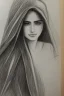 Placeholder: Pencil sketch of Young woman look through the window , Arab features,sad, long wavy hair, full body، on lined paper