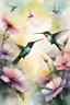 Placeholder: pastel painting of a close up of hummingbirds hovering around a beautiful bright flower in a flower garden, sunrise. soft muted yellows greens light_blues violets and pinks, watercolor, by Russ Mills, complimentary pastel color scheme, dramatic, stunning nature interaction, by Ansel Adams and Robert Havel Jr., impressionism