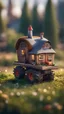 Placeholder: tractor with a small house on top that has the shape of a mushroom,bokeh like f/0.8, tilt-shift lens 8k, high detail, smooth render, down-light, unreal engine, prize winning