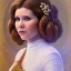 Placeholder: hyperspace background, complete and photo realistic detailed head to waist stunning photo realistic portrait of carrie fisher as Princess Leia in star wars with photo realistic updo hair by Mandy Jurgens and mucha and Richard Schmid and chuck close and chie yoshii, extraordinary and detailed ceremony dress of star wars,brown eyes