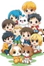 Placeholder: Adorable chibi five anime caracters happy group sitting on White Background, cartoon mood