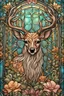 Placeholder: stained glass window design of an overwhelmingly beautiful deer framed with vector flowers, long shiny, wavy flowing hair, polished, ultra-detailed vector floral illustration mixed with hyper realism, muted pastel colours, vector floral details in the background, muted colours, hyper-detailed ultra intricate overwhelming realism in a detailed complex scene with magical fantasy atmosphere, no signature, no watermark