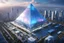 Placeholder: city in 2100, a large blue sparkling iridescent pyramid building dominating the city :: 8K, 3D, Octane Render, VRay, Unreal Engine 5, Hyperdetailed, intricate, HDR, extremely realistic evolution of future architecture, photorealism, colourful, blue sky over a clean environment, award winning, crisp quality, masterpiece, fantastic view, digital art, airbrush art, ink drawing, sharp focus, high contrast, depth of field