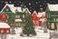 Placeholder: christmas enviroment, dark colours, green, red, white, houses and snow, starry night, scetch style, many details, many christmas lights