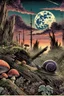Placeholder: twilight scene in manga style illustration Modifiers: Albrecht Dürer junji ito Epic woodblock print rule of thirds Odilon Redon Otherworldly alcohol ink Tsutomu Nihei Mushrooms vivid color stippling void Hatching snail sharp contrast sharp edge Art by Leah Analog Horror the styles of ancient masters like Utagawa Hiroshige, Katsushika Hokusai and Togaku Old growth forest scene decaying log, moss, ferns, spiderwebs, beetles and caterpillars