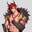 Placeholder: A Young Adult Male. A unique blend of Wood Elf and Red Tiefling features. His handsome face contrasts with the Yakuza dragon tattoos that completly cover his back, arms, and legs. He is wearing a torn coat. A physique that is strong and well-built, resembling a Fighter.