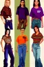 Placeholder: year 1996 denim fashion. Loose fit, low waist, baggy. Combat pants and t-shirt. Colors: denim blue, blue, purple, khaki, light green, lilac, plum, orange, terracotta, red, pink, dark blue, beige. Patterns: cheetah, balls, stripes. Women models. Sharon Stone, Sandra Bullock, Winona Ryder, Milla Jovovich, Big tennis shoes on. Latex in small part, areas, clothes..Combat pants. Leg warmers.