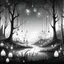 Placeholder: Make black and white cute drawing of a Will-o’-the-Wisp with black bold lines. Only outline, no grayscale. A group of glowing, floating lights in soft blues and greens, dancing over a foggy, enchanted swamp. Add a silhouette of a mysterious forest in the background to set the scene.
