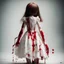 Placeholder: A girl's doll wearing a white dress with red blood bleeding from the back