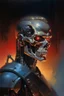 Placeholder: 1970's dark fantasy cover dnd style oil painting of terminator in a minimalist far perspective.