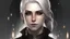 Placeholder: Foera's skin is light brown and her eyes are silver. She has white hair and wears it in a bun. She has a pointed chin and wears gothic eyeliner. Silver goldsmith background and environment