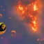 Placeholder: Retro futuristic planet with a golden rings fly over the burning in fire ground