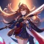 Placeholder: Clear focus,High resolution, Brown long straight hair, and yellow eyes, wearing a Genshin Impact Inspired outfit,Wearing a short skirt, Color pallete red orange black, dancing in the moonlight, Potrait, Smiling, Holding a sword