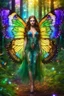 Placeholder: Full body Gorgeous Photography Realistic Natural Beautiful butterfly girl with shiny brown flowing hair, glitter colorful butterfly wings, lovely glowing green eyes, surrounded by magical colorful forest and flickering lights, digital photography, kaleidoscope, vibrant colors, vivid colors, colorful, she walk in magic forest