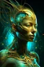 Placeholder: Create a surreal, futuristic portrait of a humanoid woman organic hair figure with a bright, skin surface. The figure’s head and upper body are partially disintegrated, revealing intricate, glowing, organic structures beneath the surface. The inner structures are illuminated with teal and golden hues, resembling bioluminescent veins or energy cores. The figure is in a contemplative pose, with one hand gently touching its chin. The background is minimal and abstract, allowing the focus to remain