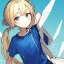 Placeholder: Clear focus, High resolution, rough line sketch art, cute, cartoon, dark blonde hair, two pieces of hair on the left side, parted nice, long locks, short ponytail behind head, blue eyes, teen, 1girl, (solo), wearing a blue shirt with a white sword on it