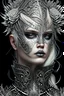 Placeholder: Beautiful faced young blond winter queen woman, wearing silver goth punk metallic filigree floral face masque, adorned with goth punk silver metallic diadem headress, wearing steampunk style leather jacket dress ribbed with silver floral metallic filigree embossed pattern, organic bio spinal ribbed detail of goth punk backround extremely detailed maximalist hyperrealistic concept art