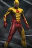 Placeholder: the Reverse Flash with yellow Flash suit, red boots, red belt, red wrist gauntlets, reversed red and black chest logo, extremely exaggerated muscular stature, posing for the cameras, Professional Quality 35mm Photograph, 4k UHD, hyper-realistic, Photorealistic, extremely detailed, High resolution