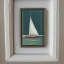 Placeholder: tiny oil painting of tiny sailboat, tiny white canvas, tiny white frame, melancholy, tender, moody, vintage, delicate arrangement, beautiful composition, etsy, aesthetic layout, plain solid white background