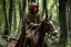 Placeholder: hooded monk on horseback in the forest