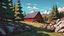 Placeholder: modern cartoon style like gravity falls of a red barn with a blue sky and the sun and clouds with mountain in the background