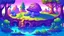 Placeholder: Fantasy cartoon illustration: Near a pond there is a cute purple turtle's house.