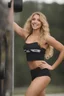 Placeholder: extremely tiny, thin, beautiful 21-year-old Sheena Greane with long, wavy curly blonde hair, wearing black strapless sports bra and cotton shorts, smiling a happy smile, extremely giant, oversized, humongous orbs, pitch black background, professional quality studio 35mm 8x10 uhd photograph,