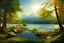 Placeholder: lake beach, forest, mountains, summer sunshine