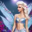 Placeholder: Fantasy fairy with transparent wings, smiling, make up, long platinum blond hair with crown and flowers, blue dress, flowering background