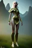 Placeholder: elven young woman, wearing light dress, visible cute femine face, visible and armonious legs and feet, luminous weather, field in the mountains, realistic 3d render, mortal kombat style, unreal engine