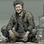 Placeholder: man, ethan hawk, sitting, smiling, comic book, post-apocalypse, grey background, illustration,