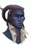 Placeholder: A tieffelin with blue skin and white Dreadlock hair. His pupil-less eyes are green. He wears a small beard.