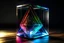 Placeholder: offset press print of a holographic cube with thick outline that glows with a big triangle with small triangle in infinity, high resolution