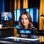 Placeholder: amodern tv studio a beautiful girl perfect face sitting next to desk in talk show looking at camera, with picture of an old man in tv screen at background