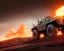 Placeholder: wide angle of Gi joe driving A lunar armored rover with tracks and claw and orange, troops, big Erupting volcanoes, White headlights on